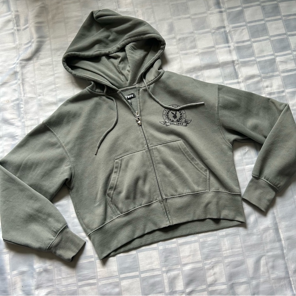 Playboy Green Cropped Fleece Lined Hoodie with Full Zip Closure